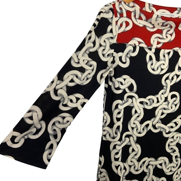 Diane Von Furstenberg Ruri Chain Print Silk Dress Size 4 Black Red 3/4 Sleeve - Picture 5 of 10